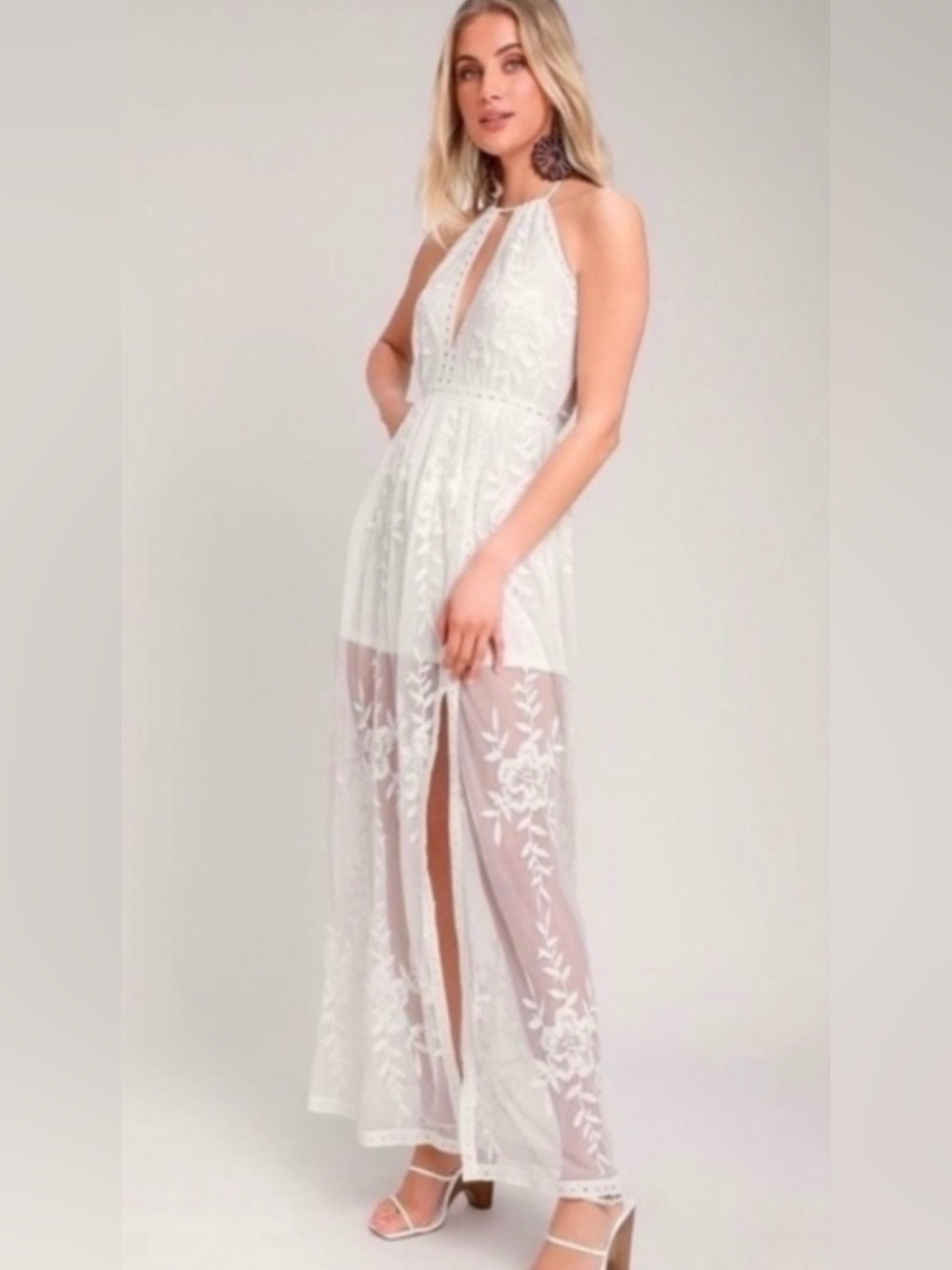 Honey Punch NWOT Ivory Sheer Embroidered Halter Maxi Dress